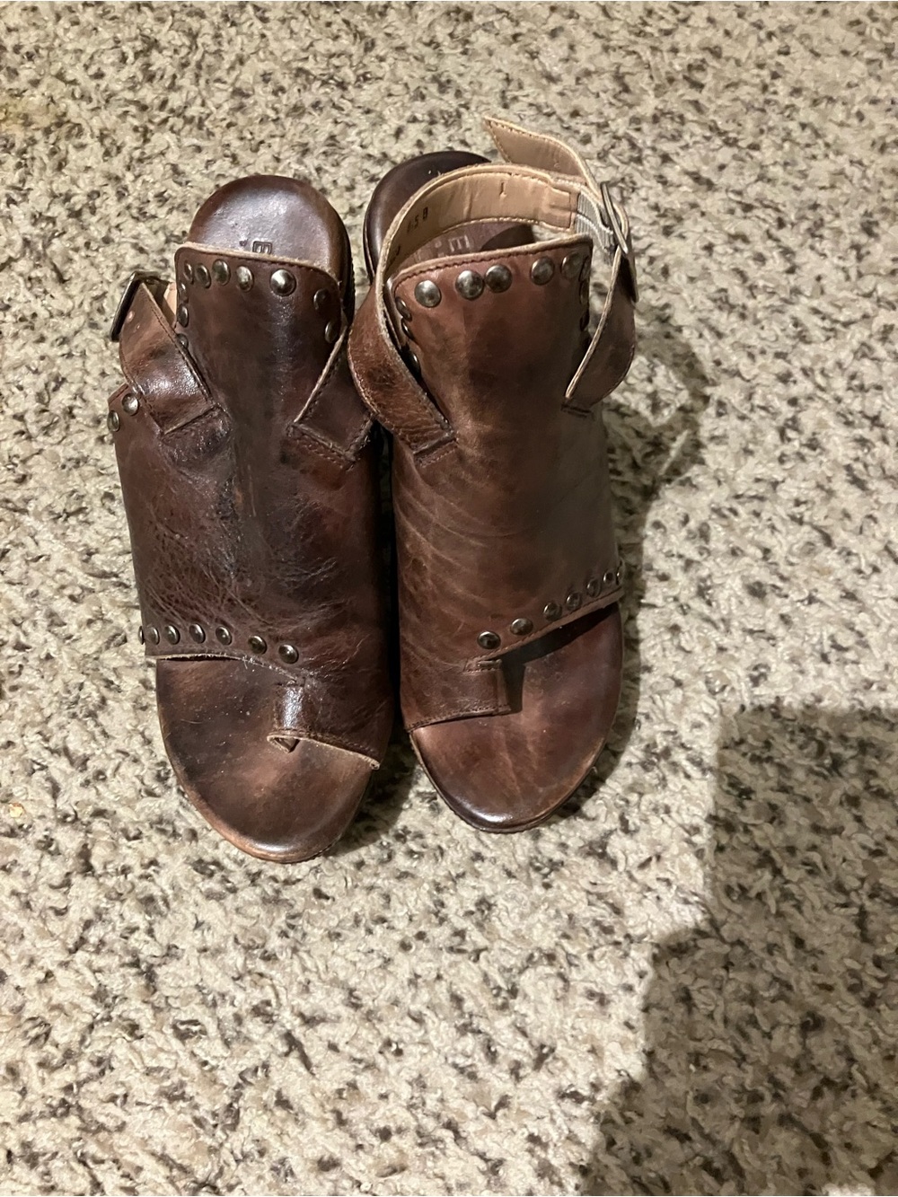 Bed Stu Brown Leather Studded Open-Toe Mules